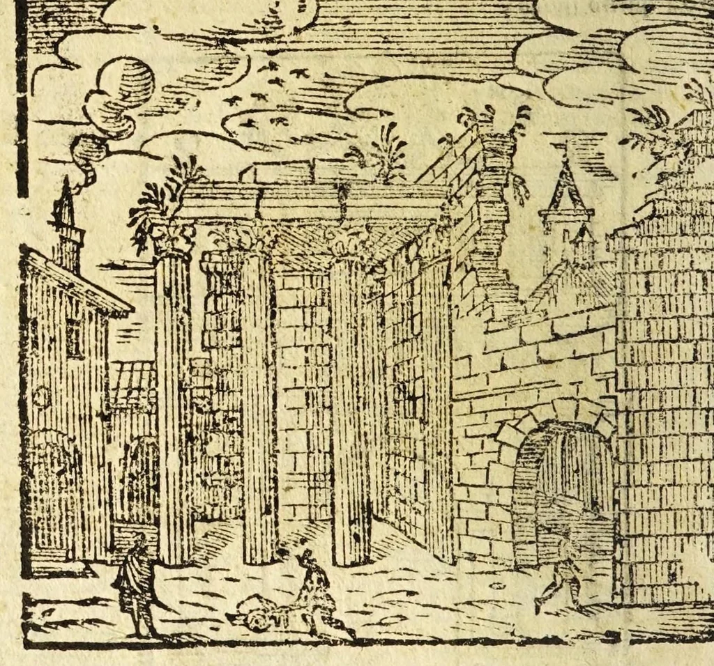 An illustration from Le cose merauigliose dell'alma città di Roma : doue si tratta delle chiese, stationi, reliquie corpi santi, che vi sono, e diuersi maritaggi di pouere zitelle, che si fanno : con la guida romana, che insegna facilmente à forastieri di ritrouare le cose più notabili di Roma : li nomi de' sommi pontefici, imperatori, & altri principi christiani, con le principali poste d'Italia : con aggiunta d'altre cose sacre da Clemente VIII, Paolo V, Vrbano VIII, Innocentio X & Alessandro VII : con le sette merauiglie del mondo, & altre cose notabili, 1666, leaf 84