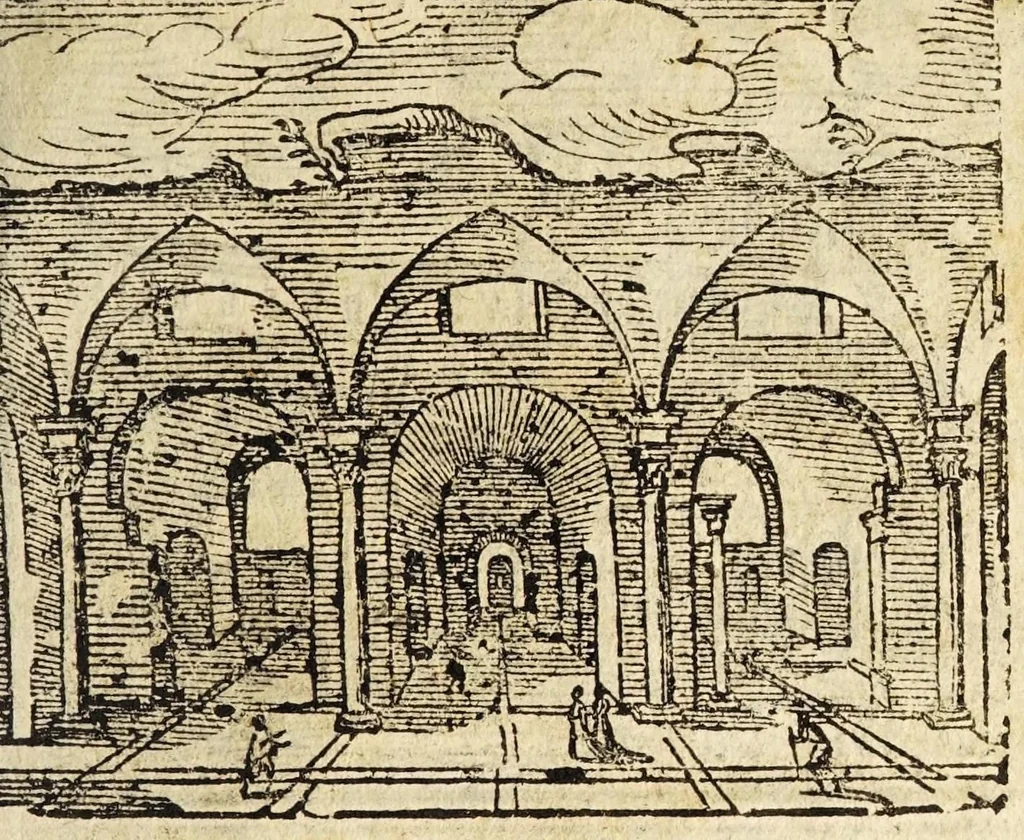 An illustration from Le cose merauigliose dell'alma città di Roma : doue si tratta delle chiese, stationi, reliquie corpi santi, che vi sono, e diuersi maritaggi di pouere zitelle, che si fanno : con la guida romana, che insegna facilmente à forastieri di ritrouare le cose più notabili di Roma : li nomi de' sommi pontefici, imperatori, & altri principi christiani, con le principali poste d'Italia : con aggiunta d'altre cose sacre da Clemente VIII, Paolo V, Vrbano VIII, Innocentio X & Alessandro VII : con le sette merauiglie del mondo, & altre cose notabili, 1666, leaf 85