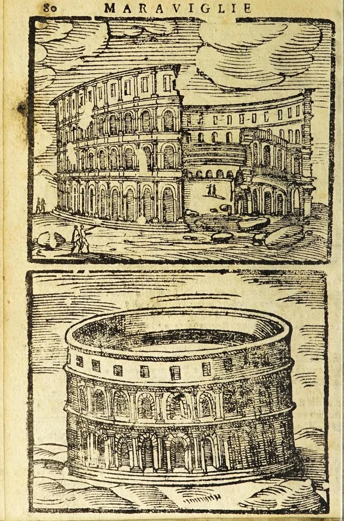 An illustration from Le cose merauigliose dell'alma città di Roma : doue si tratta delle chiese, stationi, reliquie corpi santi, che vi sono, e diuersi maritaggi di pouere zitelle, che si fanno : con la guida romana, che insegna facilmente à forastieri di ritrouare le cose più notabili di Roma : li nomi de' sommi pontefici, imperatori, & altri principi christiani, con le principali poste d'Italia : con aggiunta d'altre cose sacre da Clemente VIII, Paolo V, Vrbano VIII, Innocentio X & Alessandro VII : con le sette merauiglie del mondo, & altre cose notabili, 1666, leaf 86