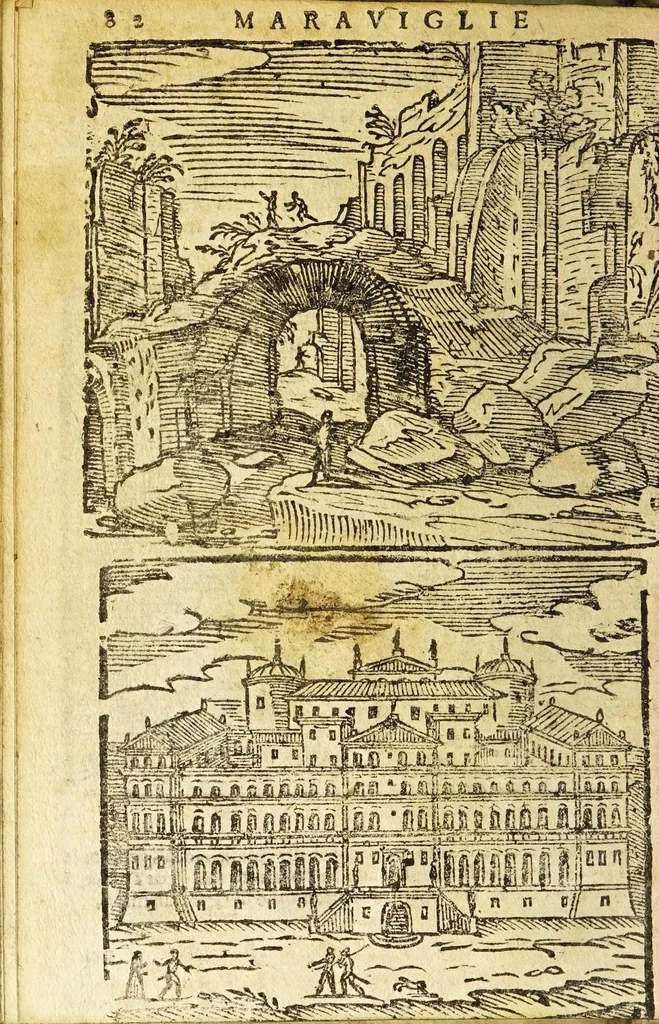 An illustration from Le cose merauigliose dell'alma città di Roma : doue si tratta delle chiese, stationi, reliquie corpi santi, che vi sono, e diuersi maritaggi di pouere zitelle, che si fanno : con la guida romana, che insegna facilmente à forastieri di ritrouare le cose più notabili di Roma : li nomi de' sommi pontefici, imperatori, & altri principi christiani, con le principali poste d'Italia : con aggiunta d'altre cose sacre da Clemente VIII, Paolo V, Vrbano VIII, Innocentio X & Alessandro VII : con le sette merauiglie del mondo, & altre cose notabili, 1666, leaf 88