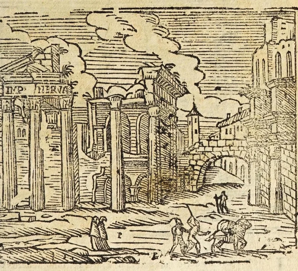An illustration from Le cose merauigliose dell'alma città di Roma : doue si tratta delle chiese, stationi, reliquie corpi santi, che vi sono, e diuersi maritaggi di pouere zitelle, che si fanno : con la guida romana, che insegna facilmente à forastieri di ritrouare le cose più notabili di Roma : li nomi de' sommi pontefici, imperatori, & altri principi christiani, con le principali poste d'Italia : con aggiunta d'altre cose sacre da Clemente VIII, Paolo V, Vrbano VIII, Innocentio X & Alessandro VII : con le sette merauiglie del mondo, & altre cose notabili, 1666, leaf 89