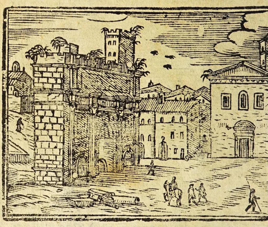 An illustration from Le cose merauigliose dell'alma città di Roma : doue si tratta delle chiese, stationi, reliquie corpi santi, che vi sono, e diuersi maritaggi di pouere zitelle, che si fanno : con la guida romana, che insegna facilmente à forastieri di ritrouare le cose più notabili di Roma : li nomi de' sommi pontefici, imperatori, & altri principi christiani, con le principali poste d'Italia : con aggiunta d'altre cose sacre da Clemente VIII, Paolo V, Vrbano VIII, Innocentio X & Alessandro VII : con le sette merauiglie del mondo, & altre cose notabili, 1666, leaf 90