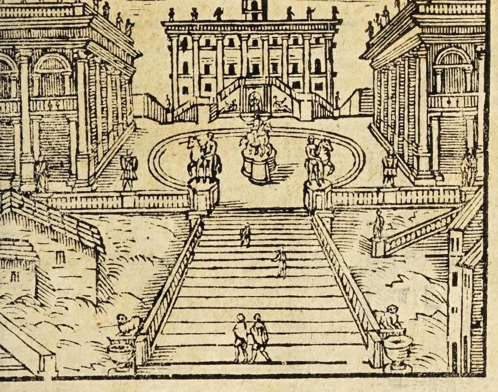 An illustration from Le cose merauigliose dell'alma città di Roma : doue si tratta delle chiese, stationi, reliquie corpi santi, che vi sono, e diuersi maritaggi di pouere zitelle, che si fanno : con la guida romana, che insegna facilmente à forastieri di ritrouare le cose più notabili di Roma : li nomi de' sommi pontefici, imperatori, & altri principi christiani, con le principali poste d'Italia : con aggiunta d'altre cose sacre da Clemente VIII, Paolo V, Vrbano VIII, Innocentio X & Alessandro VII : con le sette merauiglie del mondo, & altre cose notabili, 1666, leaf 91