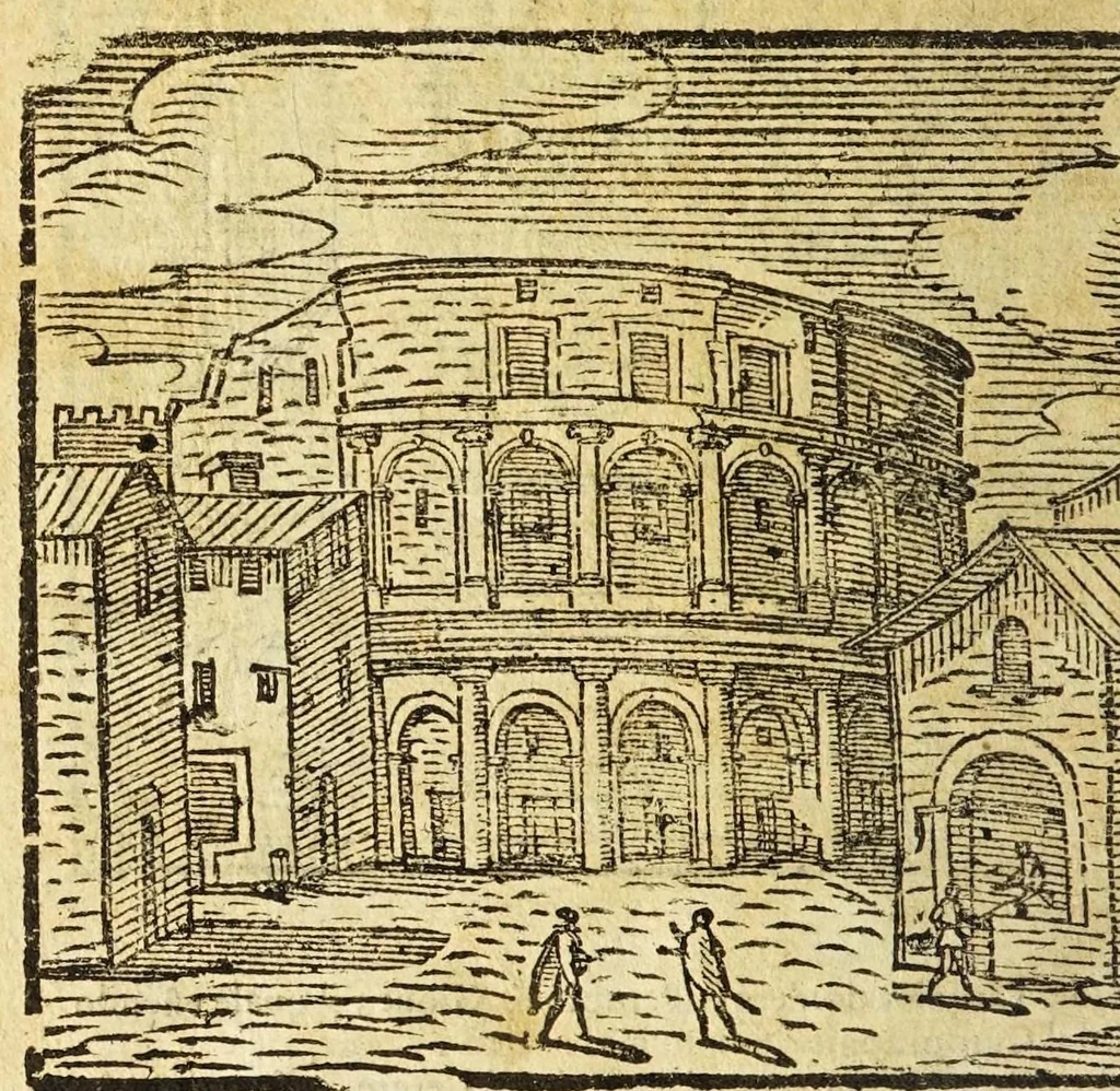 An illustration from Le cose merauigliose dell'alma città di Roma : doue si tratta delle chiese, stationi, reliquie corpi santi, che vi sono, e diuersi maritaggi di pouere zitelle, che si fanno : con la guida romana, che insegna facilmente à forastieri di ritrouare le cose più notabili di Roma : li nomi de' sommi pontefici, imperatori, & altri principi christiani, con le principali poste d'Italia : con aggiunta d'altre cose sacre da Clemente VIII, Paolo V, Vrbano VIII, Innocentio X & Alessandro VII : con le sette merauiglie del mondo, & altre cose notabili, 1666, leaf 92