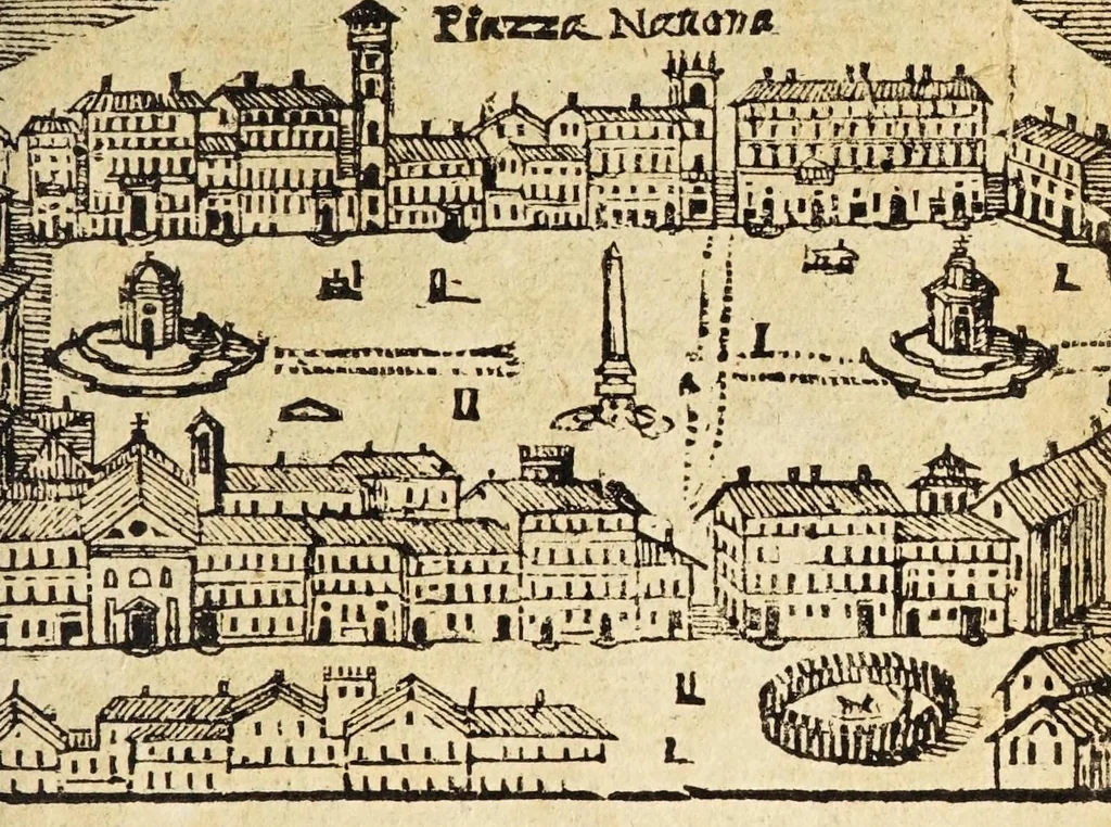 An illustration from Le cose merauigliose dell'alma città di Roma : doue si tratta delle chiese, stationi, reliquie corpi santi, che vi sono, e diuersi maritaggi di pouere zitelle, che si fanno : con la guida romana, che insegna facilmente à forastieri di ritrouare le cose più notabili di Roma : li nomi de' sommi pontefici, imperatori, & altri principi christiani, con le principali poste d'Italia : con aggiunta d'altre cose sacre da Clemente VIII, Paolo V, Vrbano VIII, Innocentio X & Alessandro VII : con le sette merauiglie del mondo, & altre cose notabili, 1666, leaf 95