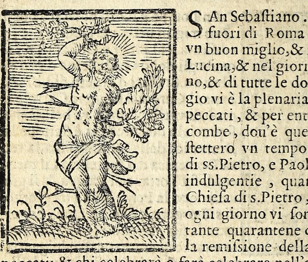An illustration from Le cose meravigliose dell'alma città di Roma : doue si tratta delle chiese, stationi, & reliquie de' corpi santi, che vi sono : con la guida romana, che insegna facilmente a' forastieri di ritrouare le più notabili cose di Roma : i nomi de' sommi pontefici, imperatori, & altri principi christiani : et di nvovo corretto et ampliato con le cose notabili fatte da papa Sisto V. & da Clemente VIII, 1596, leaf 16