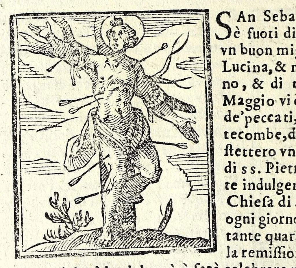 An illustration from Le cose meravigliose dell'alma città di Roma : dove si tratta delle chiese, stationi, & reliquie de'corpi santi, che vi sono : con vn trattato del modo d'acquistar l'indulgentie, la guida romana, che insegna facilmente à forastieri di ritrouare le più notabili cose di Roma : i nomi de'som. pontefici, imperatori, & altri principi christiani, et di novo corretto et ampliato con le cose notabili fatte da papa Sisto V, 1591, leaf 14