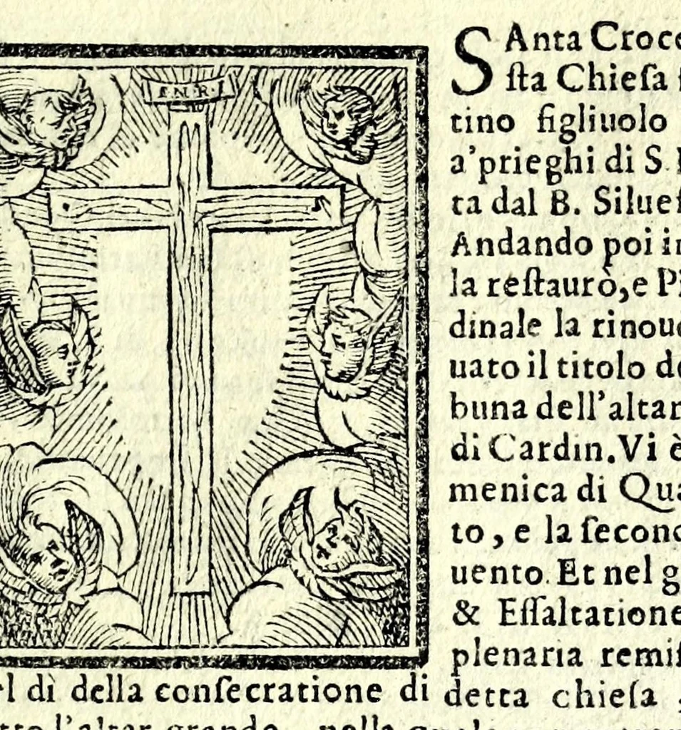 An illustration from Le cose meravigliose dell'alma città di Roma : dove si tratta delle chiese, stationi, & reliquie de'corpi santi, che vi sono : con vn trattato del modo d'acquistar l'indulgentie, la guida romana, che insegna facilmente à forastieri di ritrouare le più notabili cose di Roma : i nomi de'som. pontefici, imperatori, & altri principi christiani, et di novo corretto et ampliato con le cose notabili fatte da papa Sisto V, 1591, leaf 15