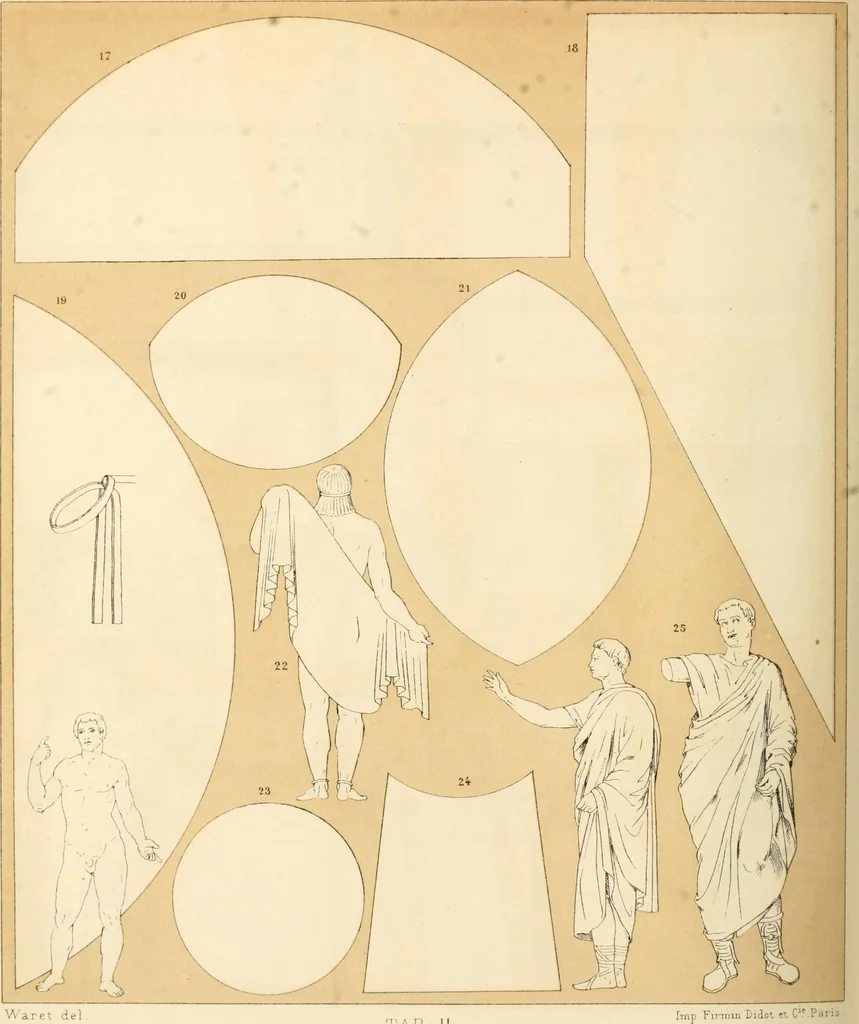 An illustration from Le costume historique. Cinq cents planches, trois cents en couleurs, or et argent, deux cents en camaieu. Types principaux du vêtement et de la parure, rapprochés de ceux de l'intérieur de l'habitation dans tous les temps et chez tous les peuples, avec de nombreux détails sur le mobilier, les armes, les objets usuels, les moyens de transport, etc, 1888, leaf 313