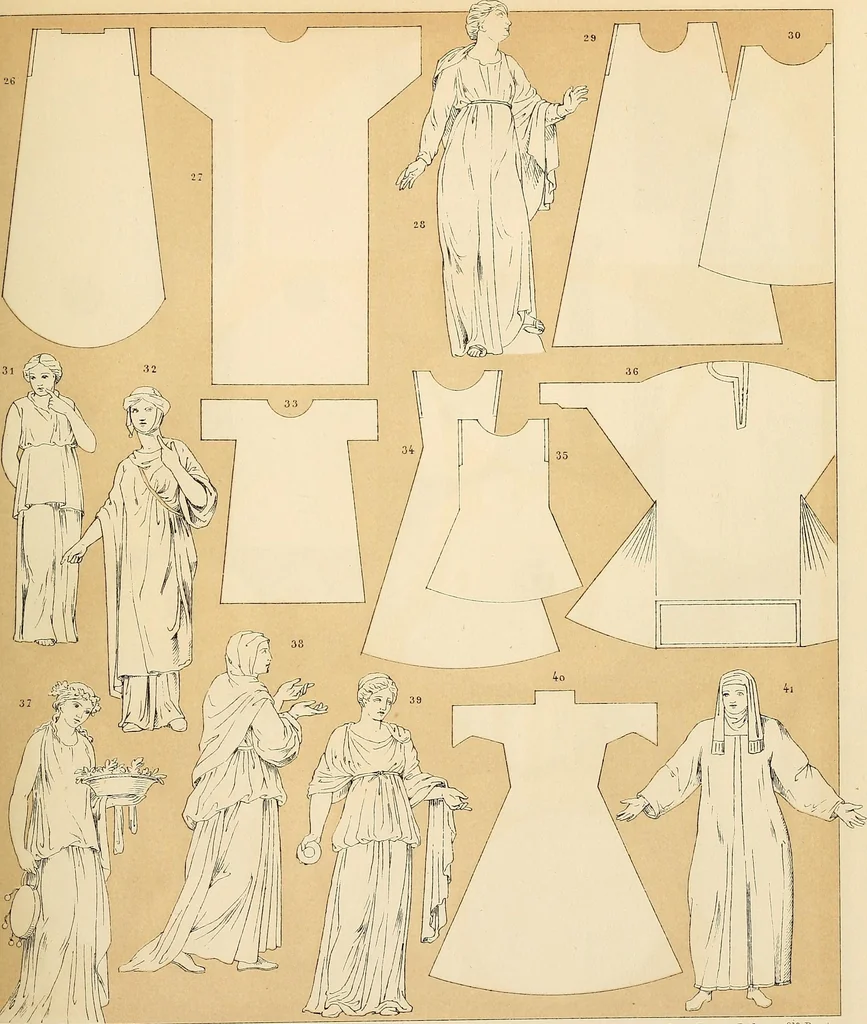 An illustration from Le costume historique. Cinq cents planches, trois cents en couleurs, or et argent, deux cents en camaieu. Types principaux du vêtement et de la parure, rapprochés de ceux de l'intérieur de l'habitation dans tous les temps et chez tous les peuples, avec de nombreux détails sur le mobilier, les armes, les objets usuels, les moyens de transport, etc, 1888, leaf 314