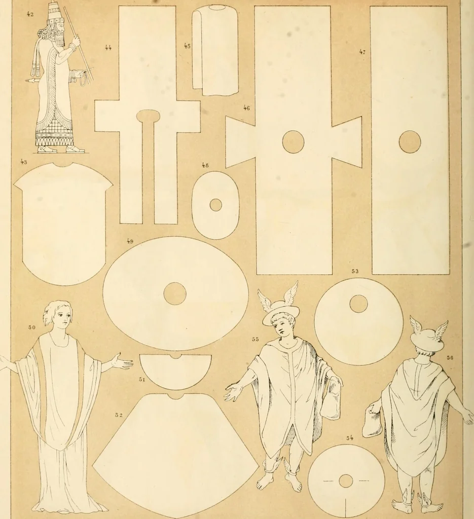 An illustration from Le costume historique. Cinq cents planches, trois cents en couleurs, or et argent, deux cents en camaieu. Types principaux du vêtement et de la parure, rapprochés de ceux de l'intérieur de l'habitation dans tous les temps et chez tous les peuples, avec de nombreux détails sur le mobilier, les armes, les objets usuels, les moyens de transport, etc, 1888, leaf 315