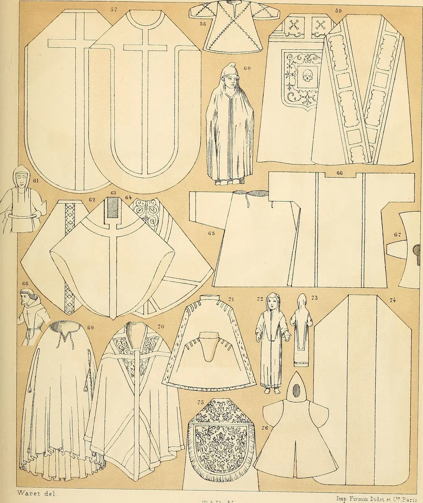An illustration from Le costume historique. Cinq cents planches, trois cents en couleurs, or et argent, deux cents en camaieu. Types principaux du vêtement et de la parure, rapprochés de ceux de l'intérieur de l'habitation dans tous les temps et chez tous les peuples, avec de nombreux détails sur le mobilier, les armes, les objets usuels, les moyens de transport, etc, 1888, leaf 316