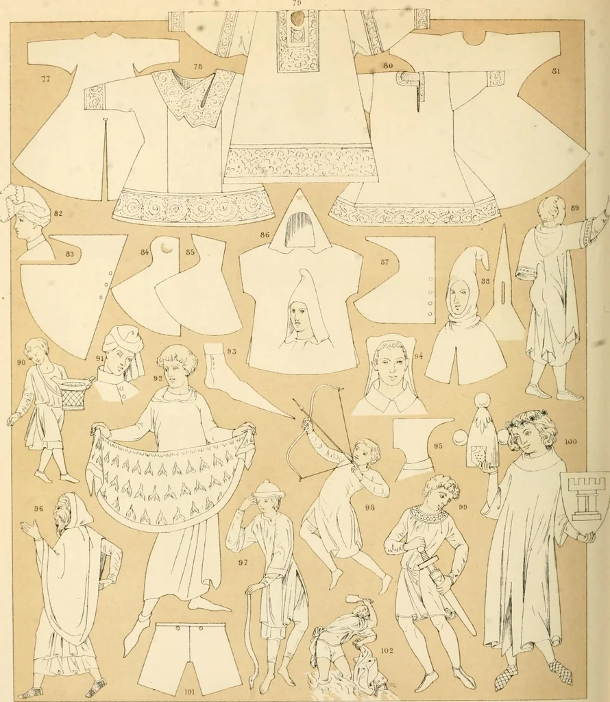 An illustration from Le costume historique. Cinq cents planches, trois cents en couleurs, or et argent, deux cents en camaieu. Types principaux du vêtement et de la parure, rapprochés de ceux de l'intérieur de l'habitation dans tous les temps et chez tous les peuples, avec de nombreux détails sur le mobilier, les armes, les objets usuels, les moyens de transport, etc, 1888, leaf 317