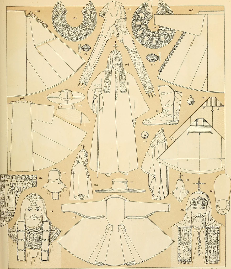 An illustration from Le costume historique. Cinq cents planches, trois cents en couleurs, or et argent, deux cents en camaieu. Types principaux du vêtement et de la parure, rapprochés de ceux de l'intérieur de l'habitation dans tous les temps et chez tous les peuples, avec de nombreux détails sur le mobilier, les armes, les objets usuels, les moyens de transport, etc, 1888, leaf 318