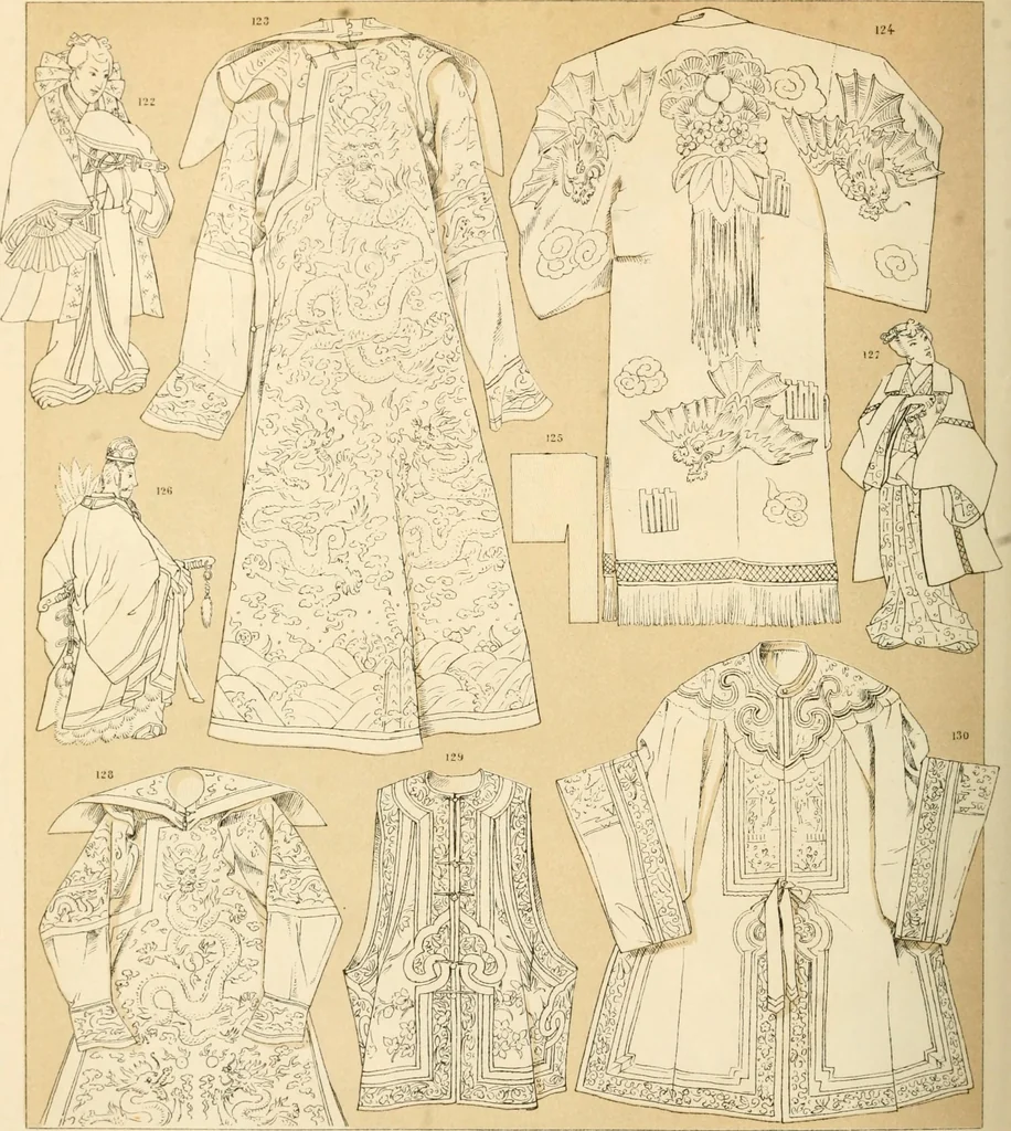 An illustration from Le costume historique. Cinq cents planches, trois cents en couleurs, or et argent, deux cents en camaieu. Types principaux du vêtement et de la parure, rapprochés de ceux de l'intérieur de l'habitation dans tous les temps et chez tous les peuples, avec de nombreux détails sur le mobilier, les armes, les objets usuels, les moyens de transport, etc, 1888, leaf 319