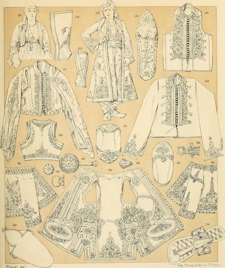 An illustration from Le costume historique. Cinq cents planches, trois cents en couleurs, or et argent, deux cents en camaieu. Types principaux du vêtement et de la parure, rapprochés de ceux de l'intérieur de l'habitation dans tous les temps et chez tous les peuples, avec de nombreux détails sur le mobilier, les armes, les objets usuels, les moyens de transport, etc, 1888, leaf 320
