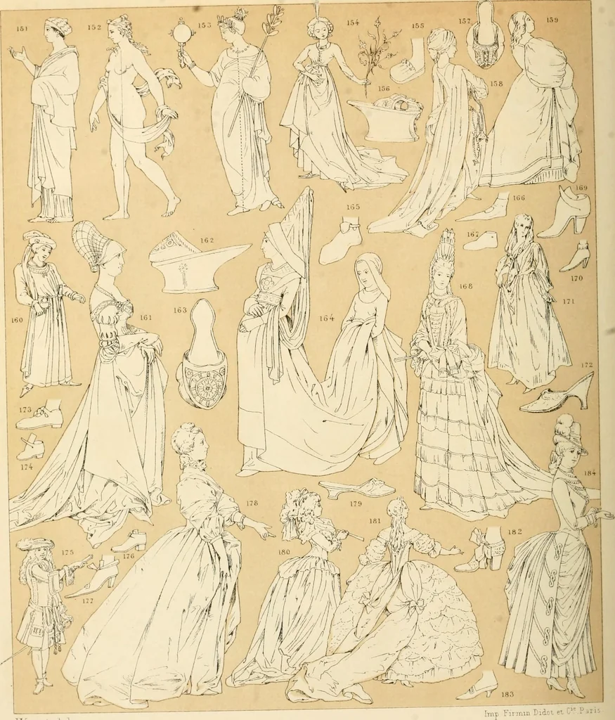 An illustration from Le costume historique. Cinq cents planches, trois cents en couleurs, or et argent, deux cents en camaieu. Types principaux du vêtement et de la parure, rapprochés de ceux de l'intérieur de l'habitation dans tous les temps et chez tous les peuples, avec de nombreux détails sur le mobilier, les armes, les objets usuels, les moyens de transport, etc, 1888, leaf 321