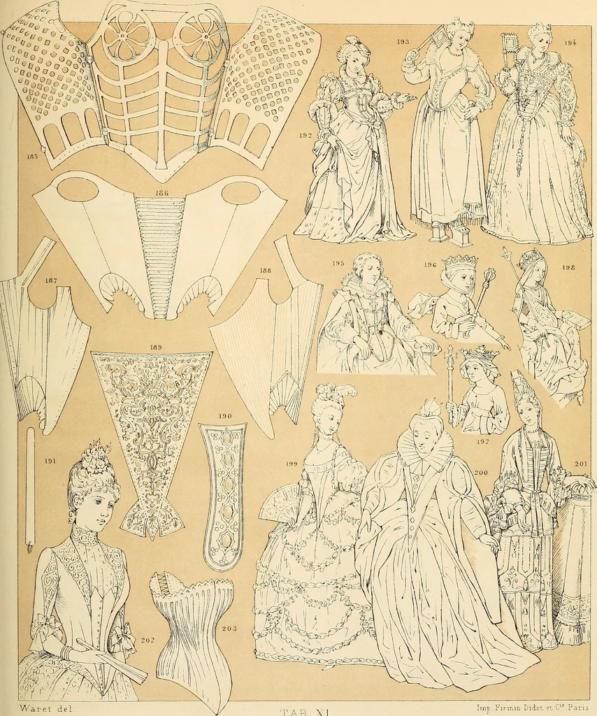 An illustration from Le costume historique. Cinq cents planches, trois cents en couleurs, or et argent, deux cents en camaieu. Types principaux du vêtement et de la parure, rapprochés de ceux de l'intérieur de l'habitation dans tous les temps et chez tous les peuples, avec de nombreux détails sur le mobilier, les armes, les objets usuels, les moyens de transport, etc, 1888, leaf 322