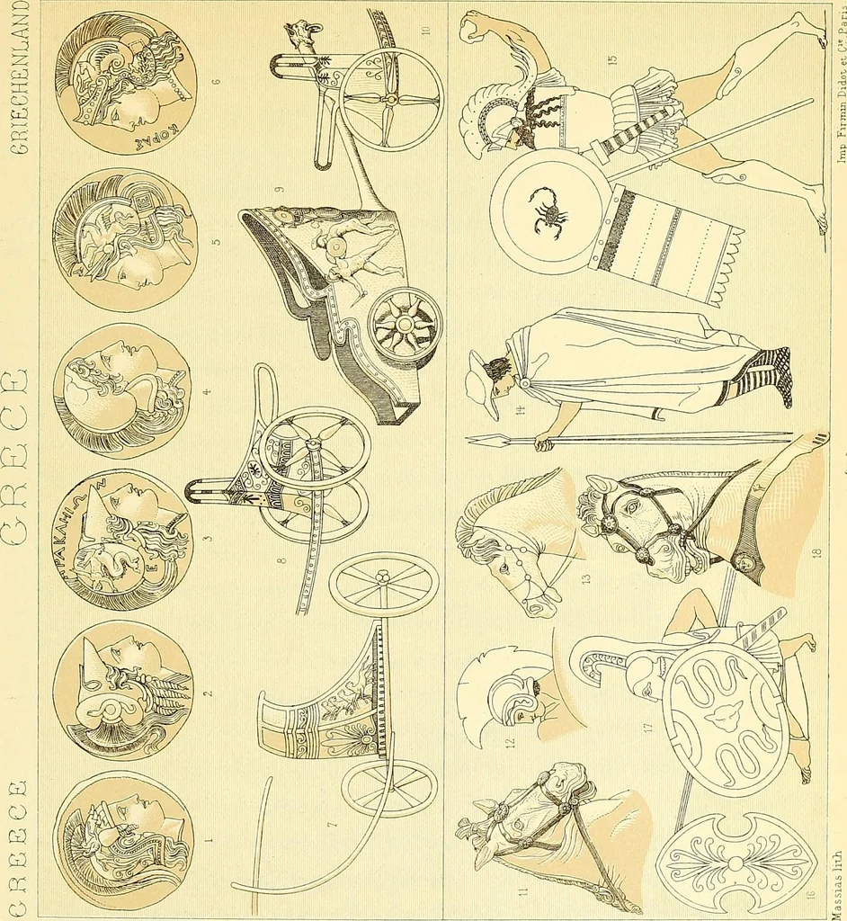 An illustration from Le costume historique. Cinq cents planches, trois cents en couleurs, or et argent, deux cents en camaieu. Types principaux du vêtement et de la parure, rapprochés de ceux de l'intérieur de l'habitation dans tous les temps et chez tous les peuples, avec de nombreux détails sur le mobilier, les armes, les objets usuels, les moyens de transport, etc, 1888, leaf 105