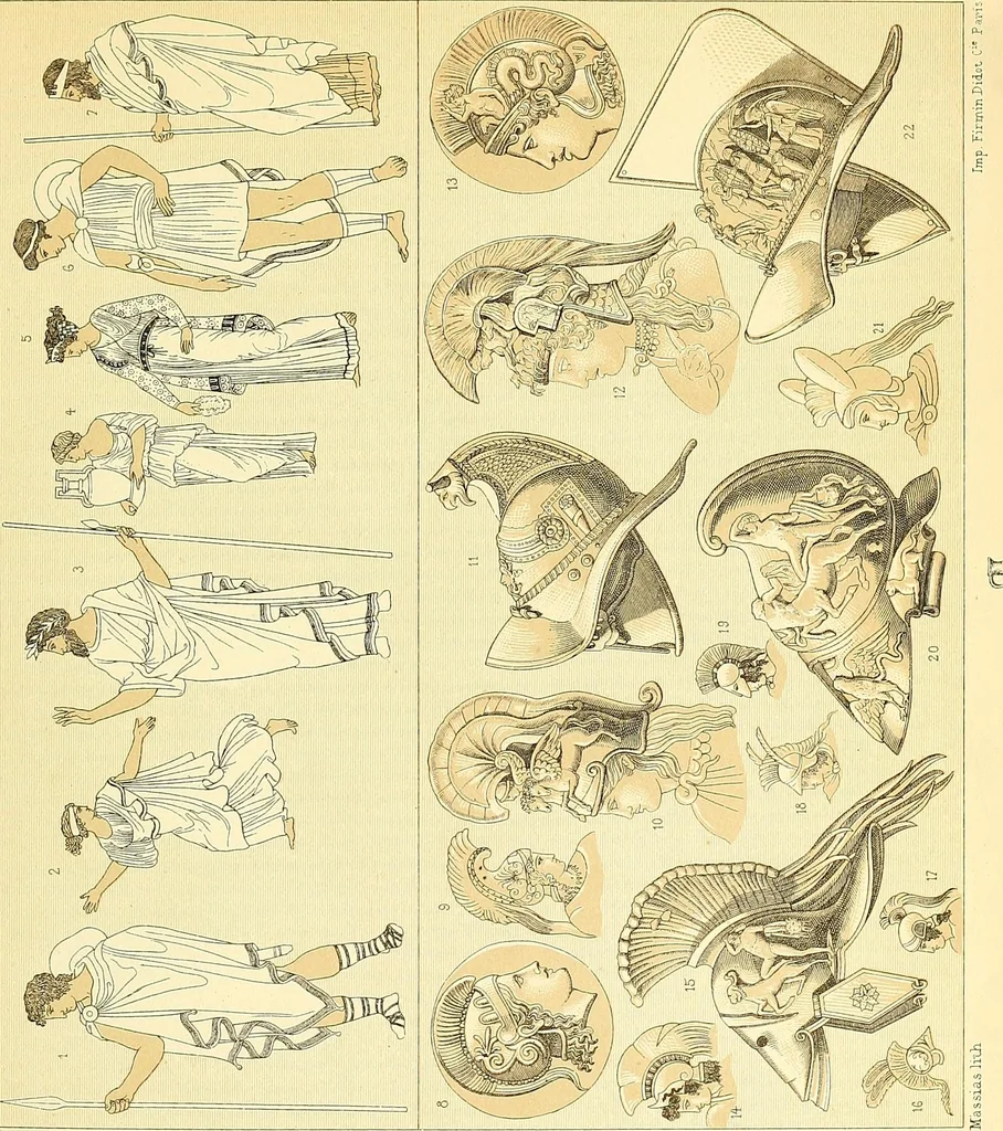 An illustration from Le costume historique. Cinq cents planches, trois cents en couleurs, or et argent, deux cents en camaieu. Types principaux du vêtement et de la parure, rapprochés de ceux de l'intérieur de l'habitation dans tous les temps et chez tous les peuples, avec de nombreux détails sur le mobilier, les armes, les objets usuels, les moyens de transport, etc, 1888, leaf 111