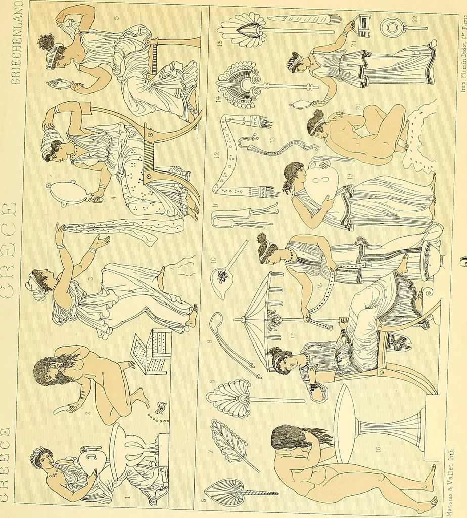 An illustration from Le costume historique. Cinq cents planches, trois cents en couleurs, or et argent, deux cents en camaieu. Types principaux du vêtement et de la parure, rapprochés de ceux de l'intérieur de l'habitation dans tous les temps et chez tous les peuples, avec de nombreux détails sur le mobilier, les armes, les objets usuels, les moyens de transport, etc, 1888, leaf 115