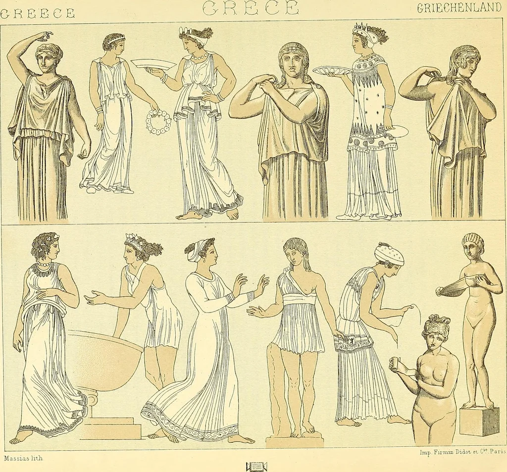 An illustration from Le costume historique. Cinq cents planches, trois cents en couleurs, or et argent, deux cents en camaieu. Types principaux du vêtement et de la parure, rapprochés de ceux de l'intérieur de l'habitation dans tous les temps et chez tous les peuples, avec de nombreux détails sur le mobilier, les armes, les objets usuels, les moyens de transport, etc, 1888, leaf 121