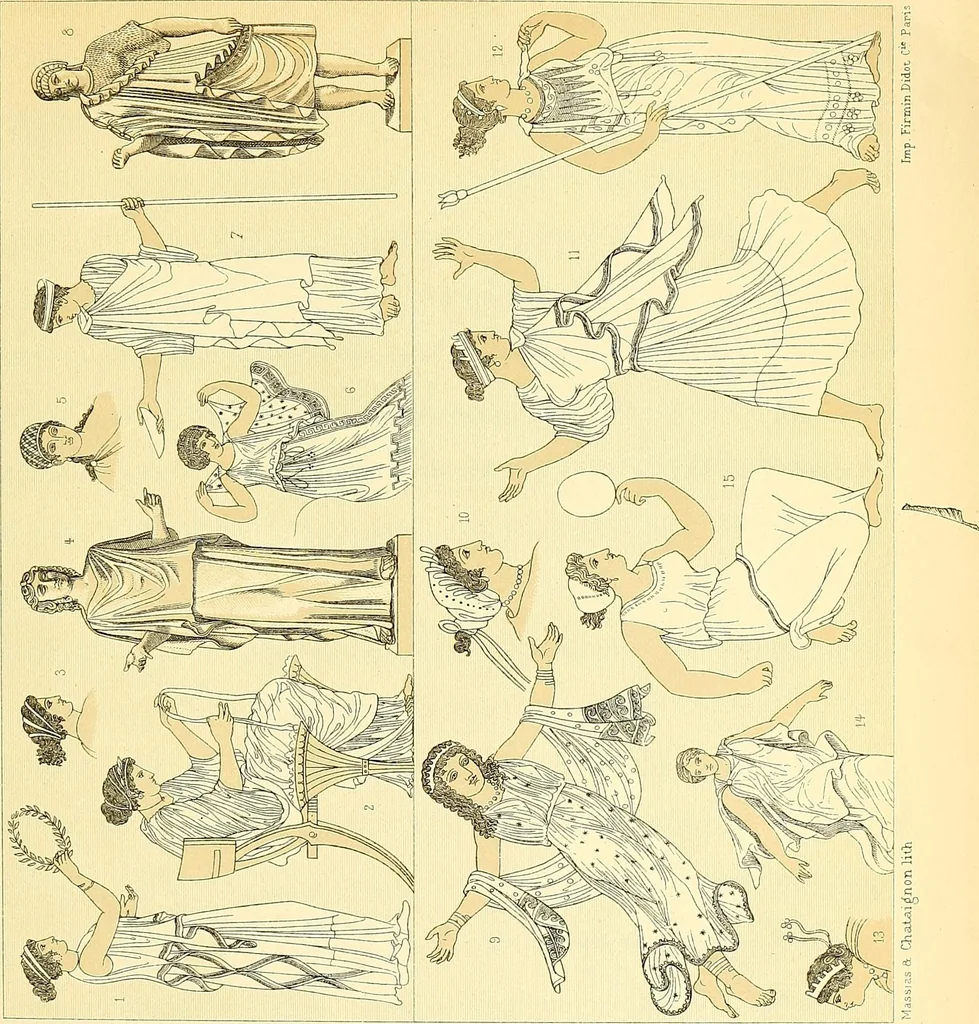 An illustration from Le costume historique. Cinq cents planches, trois cents en couleurs, or et argent, deux cents en camaieu. Types principaux du vêtement et de la parure, rapprochés de ceux de l'intérieur de l'habitation dans tous les temps et chez tous les peuples, avec de nombreux détails sur le mobilier, les armes, les objets usuels, les moyens de transport, etc, 1888, leaf 125