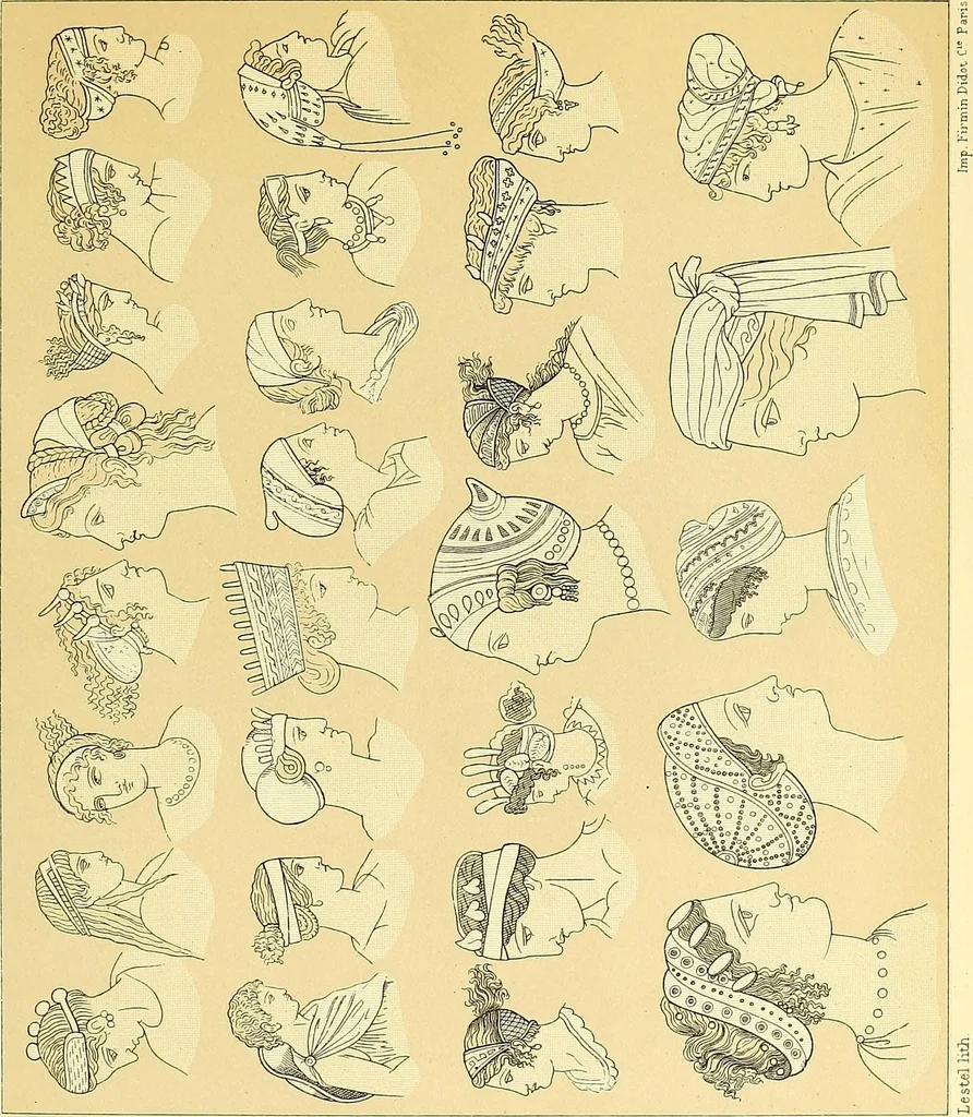 An illustration from Le costume historique. Cinq cents planches, trois cents en couleurs, or et argent, deux cents en camaieu. Types principaux du vêtement et de la parure, rapprochés de ceux de l'intérieur de l'habitation dans tous les temps et chez tous les peuples, avec de nombreux détails sur le mobilier, les armes, les objets usuels, les moyens de transport, etc, 1888, leaf 129