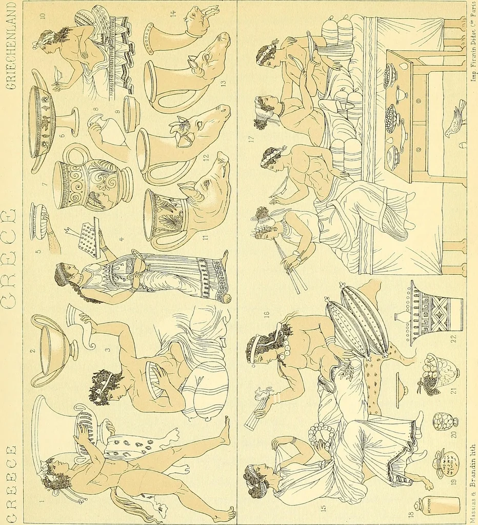 An illustration from Le costume historique. Cinq cents planches, trois cents en couleurs, or et argent, deux cents en camaieu. Types principaux du vêtement et de la parure, rapprochés de ceux de l'intérieur de l'habitation dans tous les temps et chez tous les peuples, avec de nombreux détails sur le mobilier, les armes, les objets usuels, les moyens de transport, etc, 1888, leaf 141