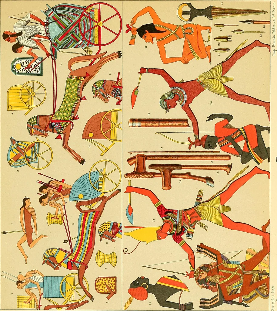 An illustration from Le costume historique. Cinq cents planches, trois cents en couleurs, or et argent, deux cents en camaieu. Types principaux du vêtement et de la parure, rapprochés de ceux de l'intérieur de l'habitation dans tous les temps et chez tous les peuples, avec de nombreux détails sur le mobilier, les armes, les objets usuels, les moyens de transport, etc, 1888, leaf 15