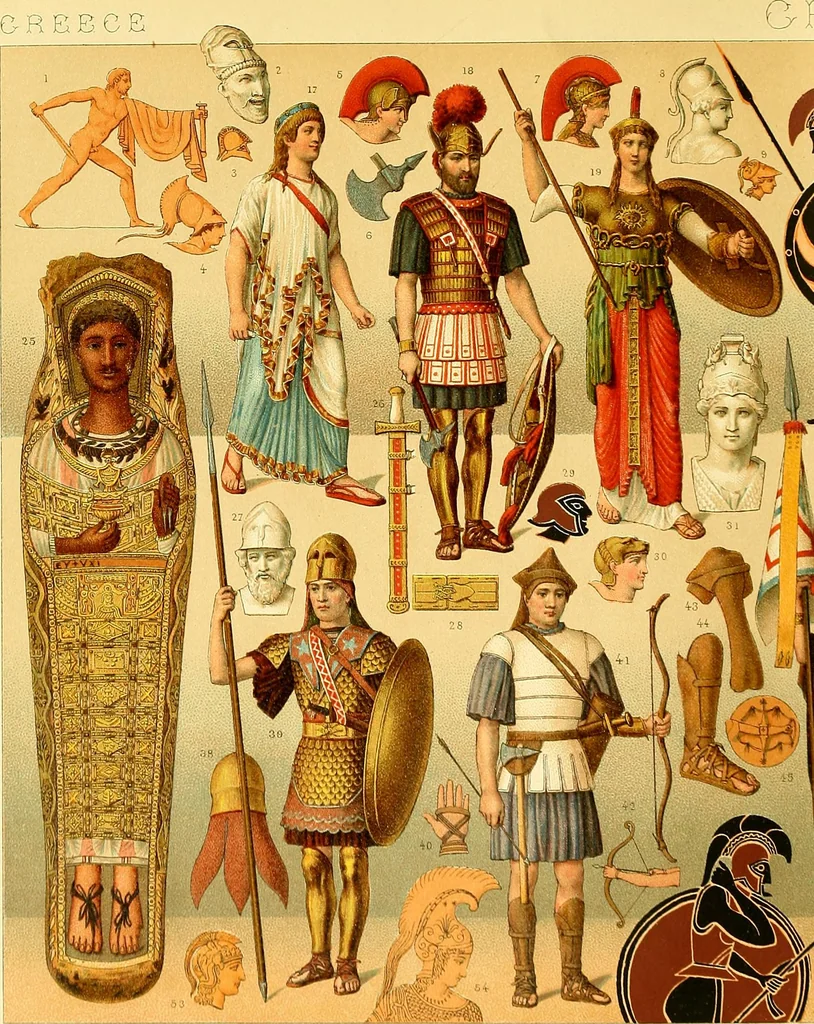 An illustration from Le costume historique. Cinq cents planches, trois cents en couleurs, or et argent, deux cents en camaieu. Types principaux du vêtement et de la parure, rapprochés de ceux de l'intérieur de l'habitation dans tous les temps et chez tous les peuples, avec de nombreux détails sur le mobilier, les armes, les objets usuels, les moyens de transport, etc, 1888, leaf 152
