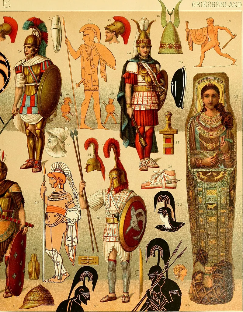 An illustration from Le costume historique. Cinq cents planches, trois cents en couleurs, or et argent, deux cents en camaieu. Types principaux du vêtement et de la parure, rapprochés de ceux de l'intérieur de l'habitation dans tous les temps et chez tous les peuples, avec de nombreux détails sur le mobilier, les armes, les objets usuels, les moyens de transport, etc, 1888, leaf 153