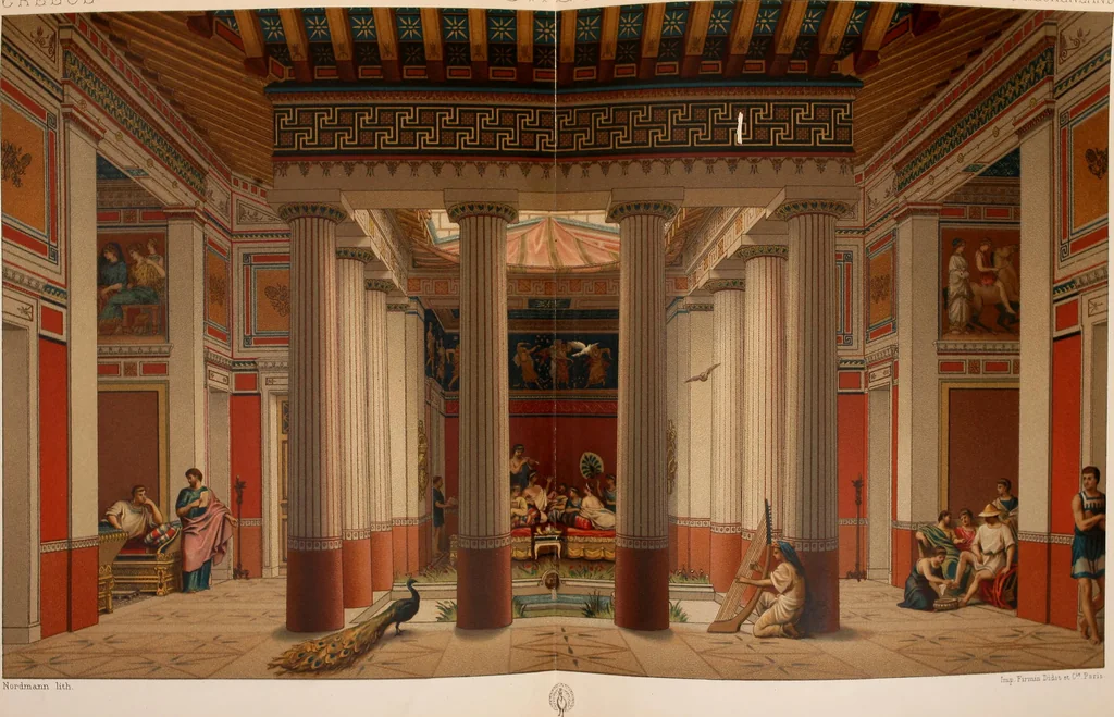 An illustration from Le costume historique. Cinq cents planches, trois cents en couleurs, or et argent, deux cents en camaieu. Types principaux du vêtement et de la parure, rapprochés de ceux de l'intérieur de l'habitation dans tous les temps et chez tous les peuples, avec de nombreux détails sur le mobilier, les armes, les objets usuels, les moyens de transport, etc, 1888, leaf 183