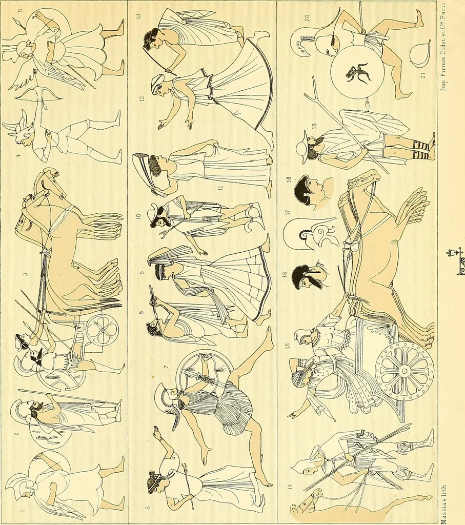 An illustration from Le costume historique. Cinq cents planches, trois cents en couleurs, or et argent, deux cents en camaieu. Types principaux du vêtement et de la parure, rapprochés de ceux de l'intérieur de l'habitation dans tous les temps et chez tous les peuples, avec de nombreux détails sur le mobilier, les armes, les objets usuels, les moyens de transport, etc, 1888, leaf 191