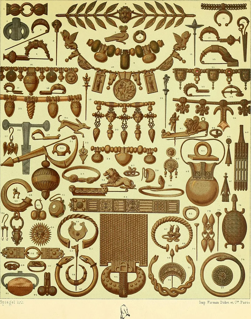 An illustration from Le costume historique. Cinq cents planches, trois cents en couleurs, or et argent, deux cents en camaieu. Types principaux du vêtement et de la parure, rapprochés de ceux de l'intérieur de l'habitation dans tous les temps et chez tous les peuples, avec de nombreux détails sur le mobilier, les armes, les objets usuels, les moyens de transport, etc, 1888, leaf 199