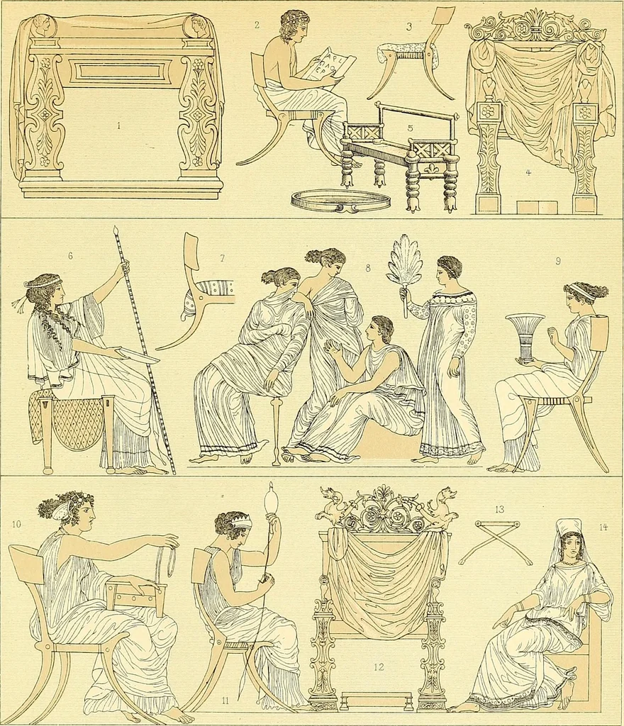 An illustration from Le costume historique. Cinq cents planches, trois cents en couleurs, or et argent, deux cents en camaieu. Types principaux du vêtement et de la parure, rapprochés de ceux de l'intérieur de l'habitation dans tous les temps et chez tous les peuples, avec de nombreux détails sur le mobilier, les armes, les objets usuels, les moyens de transport, etc, 1888, leaf 209