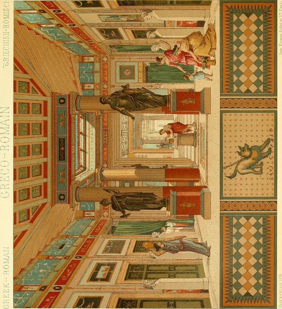 An illustration from Le costume historique. Cinq cents planches, trois cents en couleurs, or et argent, deux cents en camaieu. Types principaux du vêtement et de la parure, rapprochés de ceux de l'intérieur de l'habitation dans tous les temps et chez tous les peuples, avec de nombreux détails sur le mobilier, les armes, les objets usuels, les moyens de transport, etc, 1888, leaf 213