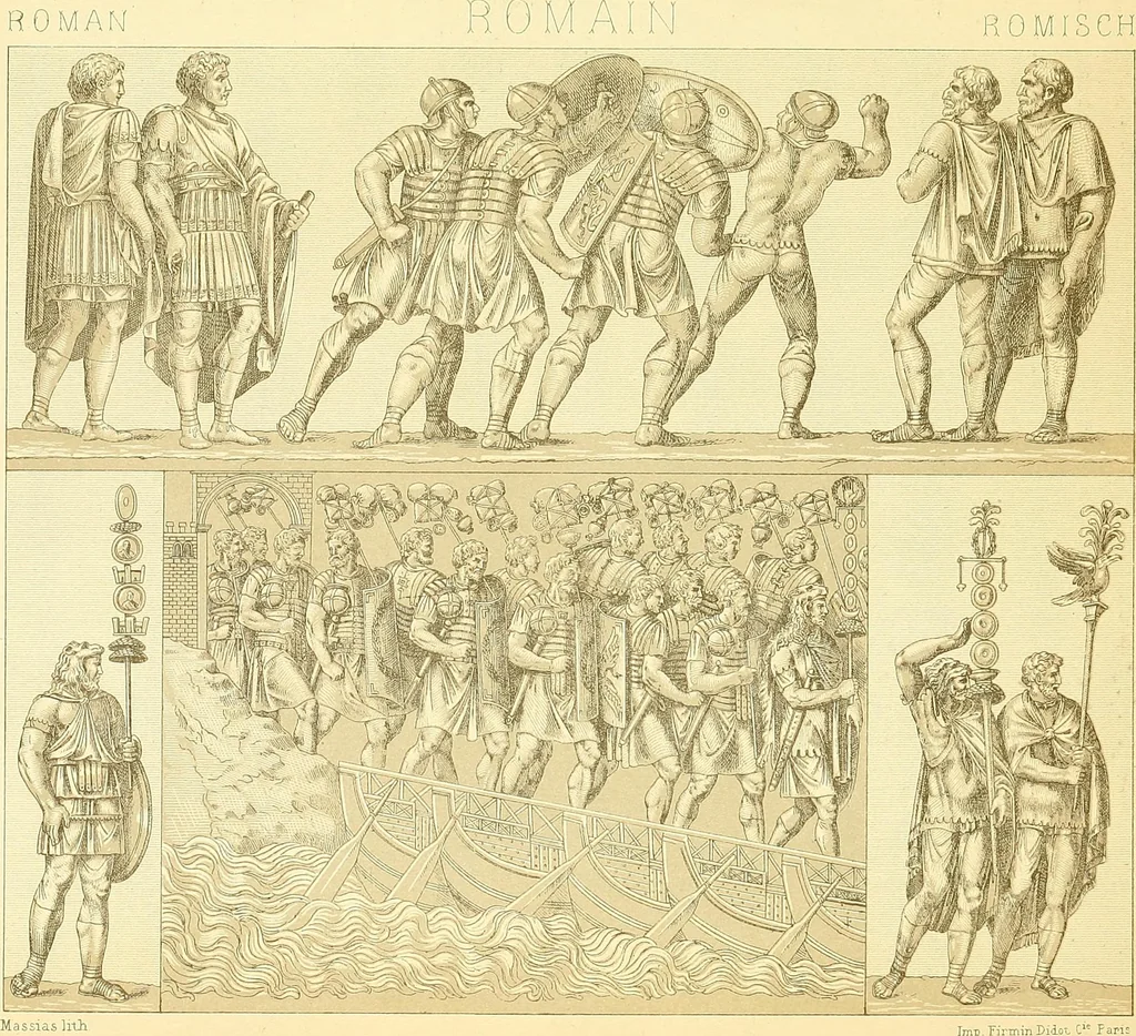 An illustration from Le costume historique. Cinq cents planches, trois cents en couleurs, or et argent, deux cents en camaieu. Types principaux du vêtement et de la parure, rapprochés de ceux de l'intérieur de l'habitation dans tous les temps et chez tous les peuples, avec de nombreux détails sur le mobilier, les armes, les objets usuels, les moyens de transport, etc, 1888, leaf 227