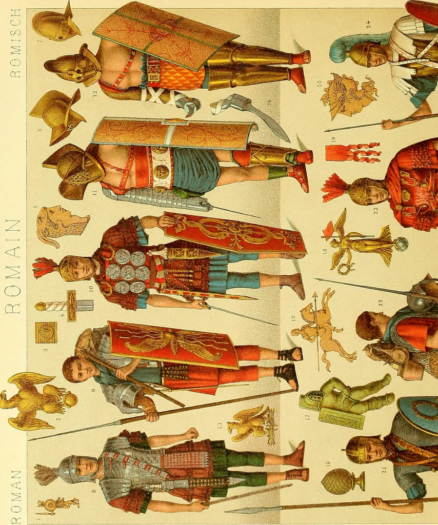 An illustration from Le costume historique. Cinq cents planches, trois cents en couleurs, or et argent, deux cents en camaieu. Types principaux du vêtement et de la parure, rapprochés de ceux de l'intérieur de l'habitation dans tous les temps et chez tous les peuples, avec de nombreux détails sur le mobilier, les armes, les objets usuels, les moyens de transport, etc, 1888, leaf 240