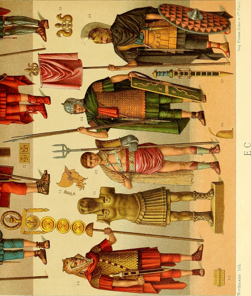 An illustration from Le costume historique. Cinq cents planches, trois cents en couleurs, or et argent, deux cents en camaieu. Types principaux du vêtement et de la parure, rapprochés de ceux de l'intérieur de l'habitation dans tous les temps et chez tous les peuples, avec de nombreux détails sur le mobilier, les armes, les objets usuels, les moyens de transport, etc, 1888, leaf 241