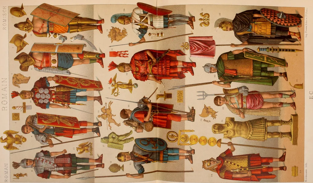 An illustration from Le costume historique. Cinq cents planches, trois cents en couleurs, or et argent, deux cents en camaieu. Types principaux du vêtement et de la parure, rapprochés de ceux de l'intérieur de l'habitation dans tous les temps et chez tous les peuples, avec de nombreux détails sur le mobilier, les armes, les objets usuels, les moyens de transport, etc, 1888, leaf 243