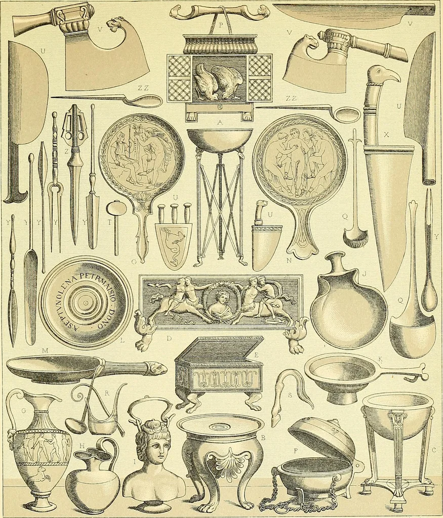 An illustration from Le costume historique. Cinq cents planches, trois cents en couleurs, or et argent, deux cents en camaieu. Types principaux du vêtement et de la parure, rapprochés de ceux de l'intérieur de l'habitation dans tous les temps et chez tous les peuples, avec de nombreux détails sur le mobilier, les armes, les objets usuels, les moyens de transport, etc, 1888, leaf 261