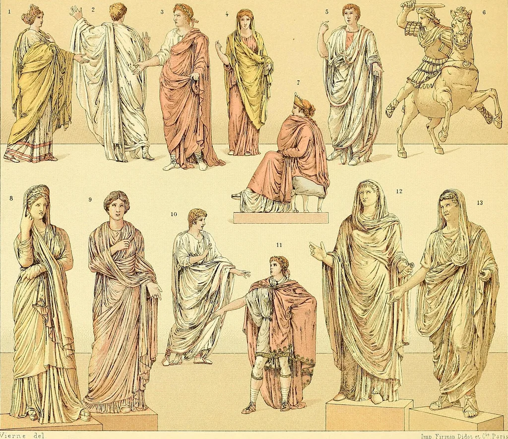An illustration from Le costume historique. Cinq cents planches, trois cents en couleurs, or et argent, deux cents en camaieu. Types principaux du vêtement et de la parure, rapprochés de ceux de l'intérieur de l'habitation dans tous les temps et chez tous les peuples, avec de nombreux détails sur le mobilier, les armes, les objets usuels, les moyens de transport, etc, 1888, leaf 265