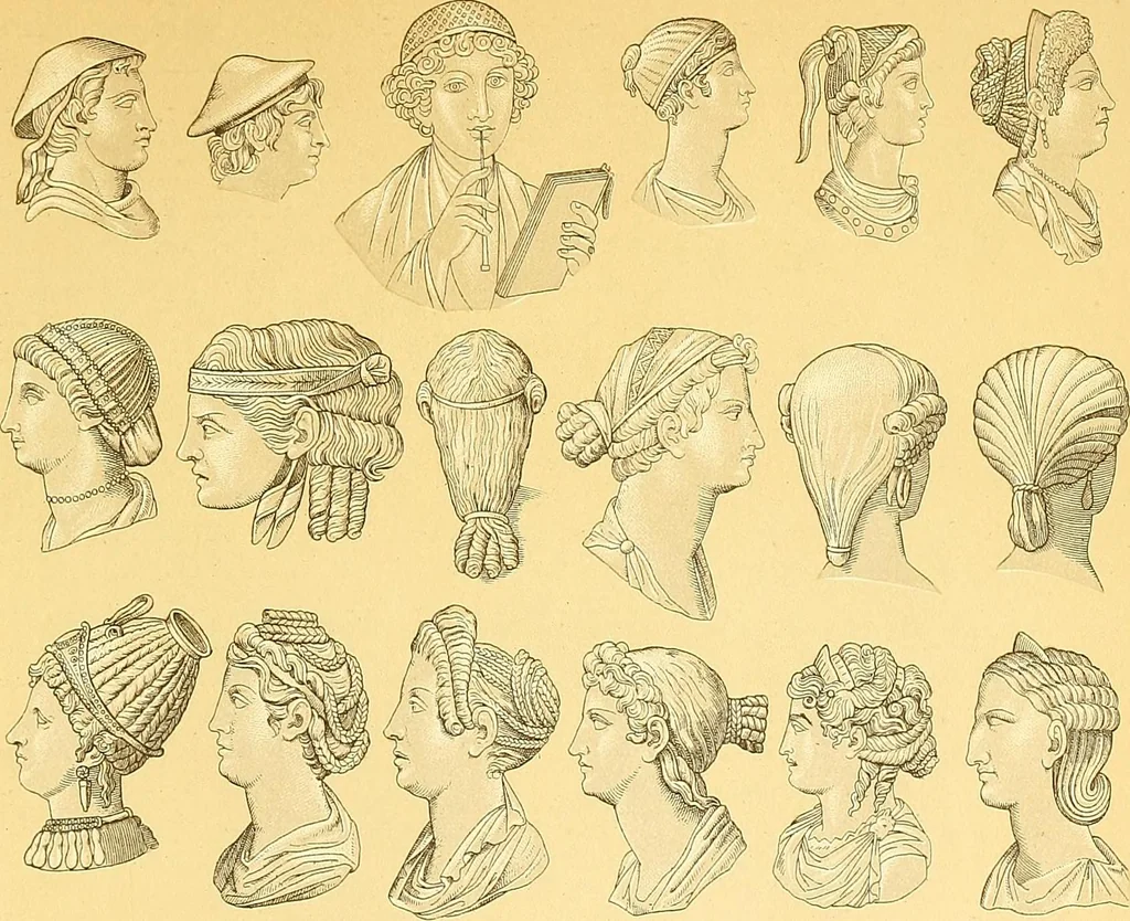 An illustration from Le costume historique. Cinq cents planches, trois cents en couleurs, or et argent, deux cents en camaieu. Types principaux du vêtement et de la parure, rapprochés de ceux de l'intérieur de l'habitation dans tous les temps et chez tous les peuples, avec de nombreux détails sur le mobilier, les armes, les objets usuels, les moyens de transport, etc, 1888, leaf 277
