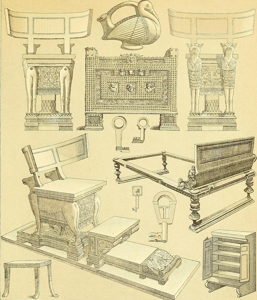 An illustration from Le costume historique. Cinq cents planches, trois cents en couleurs, or et argent, deux cents en camaieu. Types principaux du vêtement et de la parure, rapprochés de ceux de l'intérieur de l'habitation dans tous les temps et chez tous les peuples, avec de nombreux détails sur le mobilier, les armes, les objets usuels, les moyens de transport, etc, 1888, leaf 289