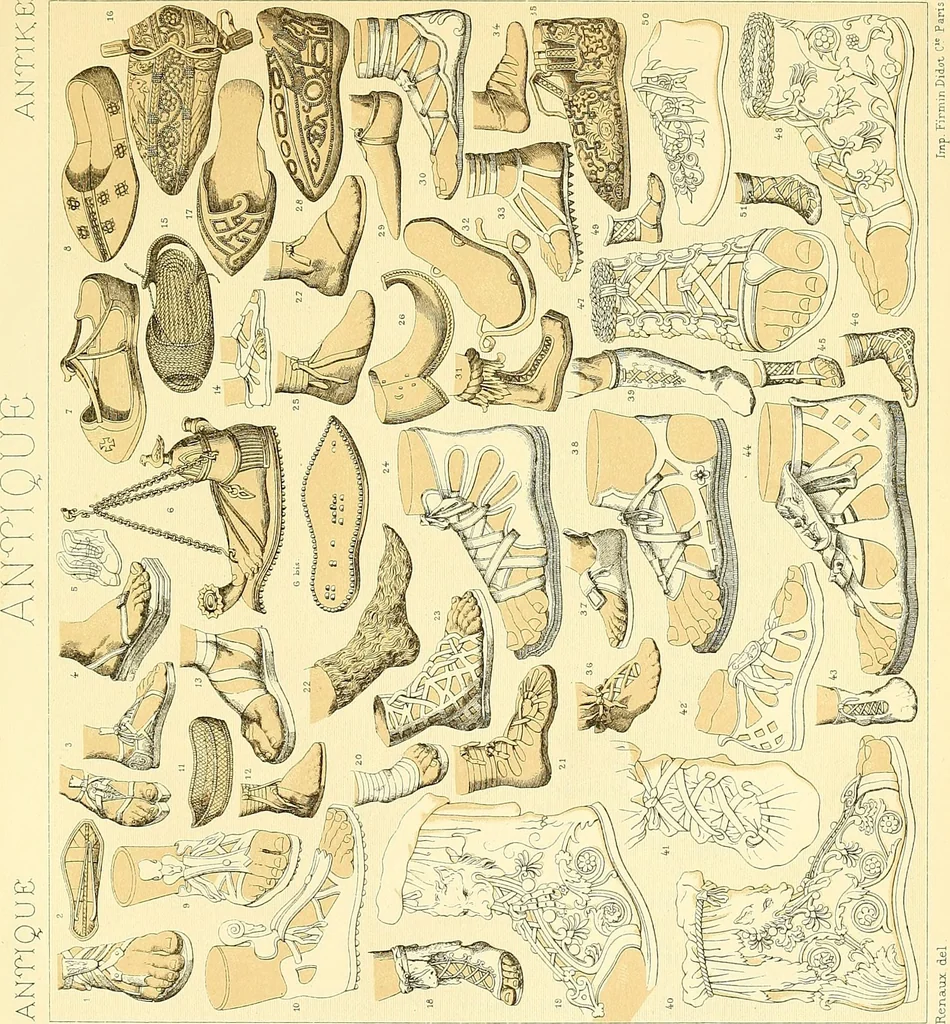 An illustration from Le costume historique. Cinq cents planches, trois cents en couleurs, or et argent, deux cents en camaieu. Types principaux du vêtement et de la parure, rapprochés de ceux de l'intérieur de l'habitation dans tous les temps et chez tous les peuples, avec de nombreux détails sur le mobilier, les armes, les objets usuels, les moyens de transport, etc, 1888, leaf 303