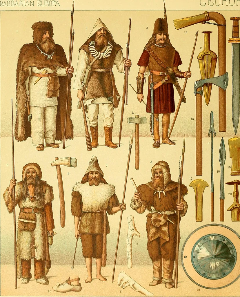 An illustration from Le costume historique. Cinq cents planches, trois cents en couleurs, or et argent, deux cents en camaieu. Types principaux du vêtement et de la parure, rapprochés de ceux de l'intérieur de l'habitation dans tous les temps et chez tous les peuples, avec de nombreux détails sur le mobilier, les armes, les objets usuels, les moyens de transport, etc, 1888, leaf 318