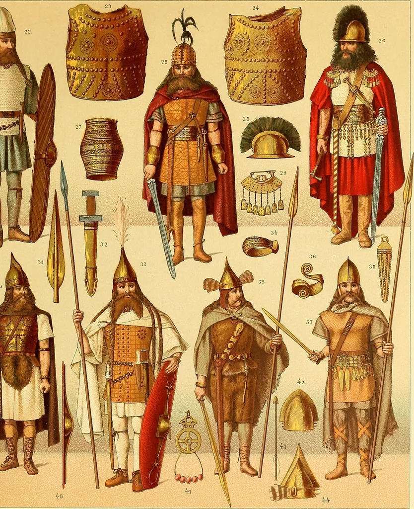 An illustration from Le costume historique. Cinq cents planches, trois cents en couleurs, or et argent, deux cents en camaieu. Types principaux du vêtement et de la parure, rapprochés de ceux de l'intérieur de l'habitation dans tous les temps et chez tous les peuples, avec de nombreux détails sur le mobilier, les armes, les objets usuels, les moyens de transport, etc, 1888, leaf 319