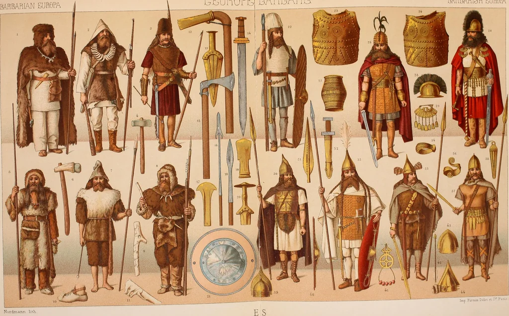 An illustration from Le costume historique. Cinq cents planches, trois cents en couleurs, or et argent, deux cents en camaieu. Types principaux du vêtement et de la parure, rapprochés de ceux de l'intérieur de l'habitation dans tous les temps et chez tous les peuples, avec de nombreux détails sur le mobilier, les armes, les objets usuels, les moyens de transport, etc, 1888, leaf 321