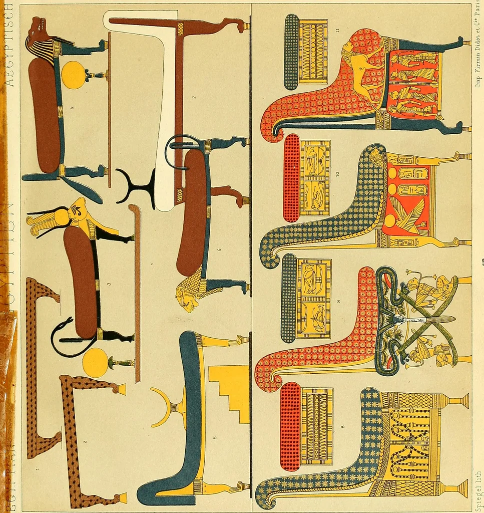 An illustration from Le costume historique. Cinq cents planches, trois cents en couleurs, or et argent, deux cents en camaieu. Types principaux du vêtement et de la parure, rapprochés de ceux de l'intérieur de l'habitation dans tous les temps et chez tous les peuples, avec de nombreux détails sur le mobilier, les armes, les objets usuels, les moyens de transport, etc, 1888, leaf 33